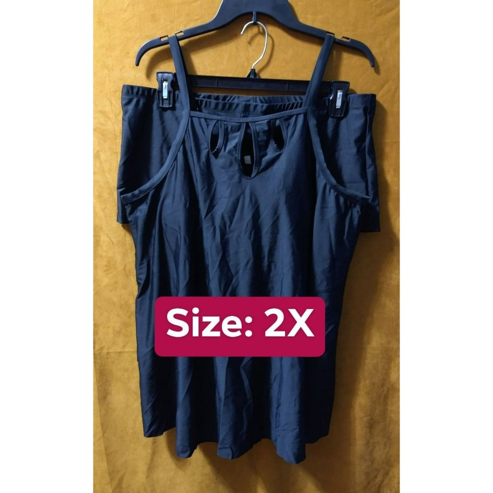 Keyhole Solid Black 2 Pc Bathing Suit Size 2x - image 1